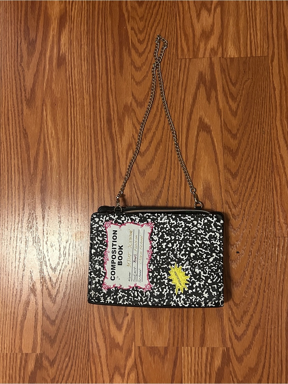 Betsy Johnson Composition Book Print Crossbody Bag with Chain Strap - Black